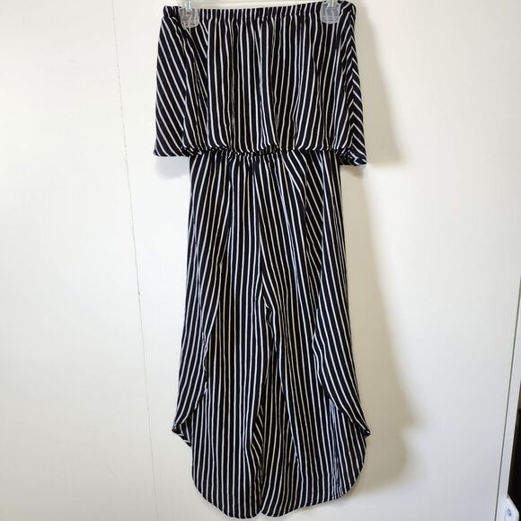 favlux Pants - Favlux Black White Stripe Off Shoulder Jumpsuit Small Ruffle TulipHem Sleeveless
